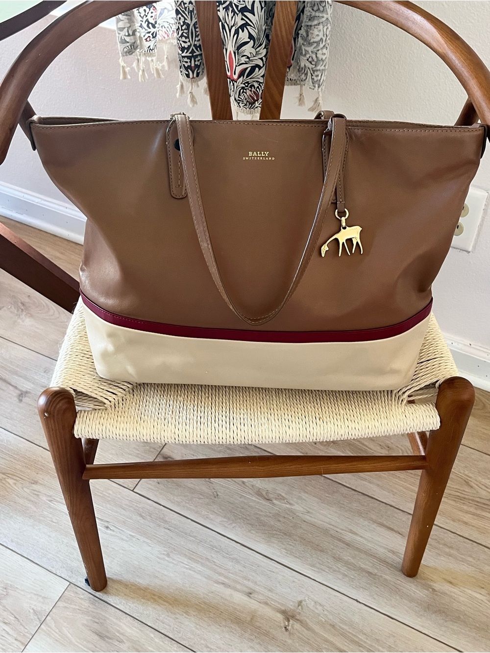 BALLY Two Tone brown tote bag w/ gold deer charm